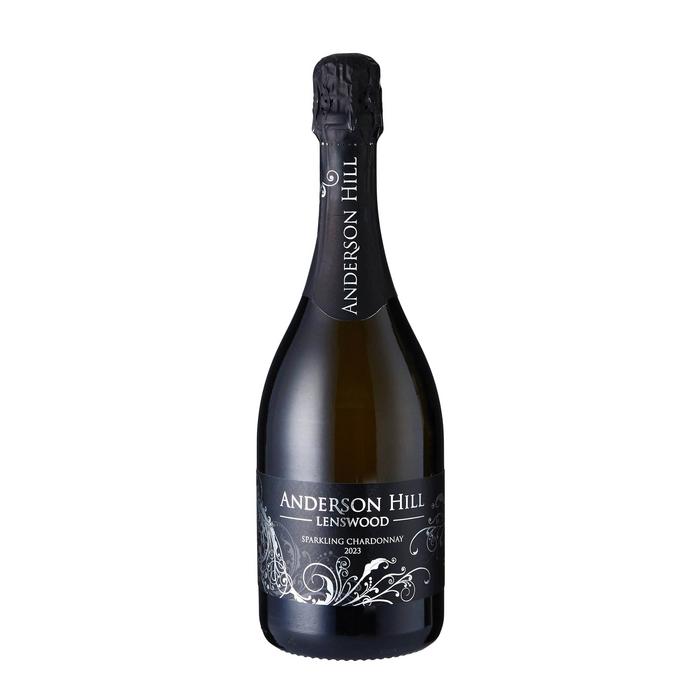 Anderson Hill 2023 Sparkling Chardonnay bottle with black foil and a black label featuring silver decorative swirls.