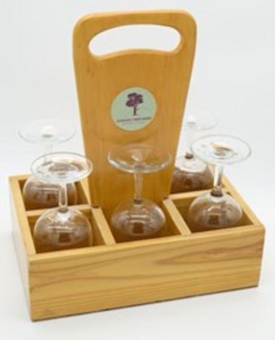 Wooden Wine Glass Caddy set with 6 Glasses