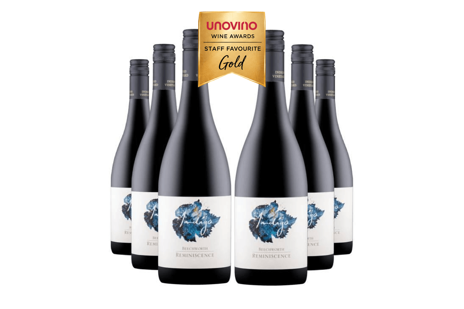 Six Indigo Vineyard Reminiscence bottles with the UNOVINO Staff Favourite Gold icon