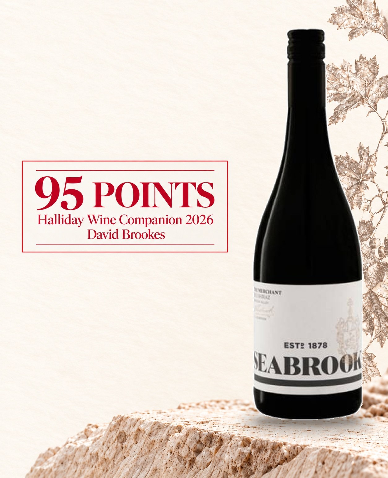 The genuine Seabrook Merchant Shiraz 2022 bottle with its attributed 95-point Halliday Wine Companion 2026 rating